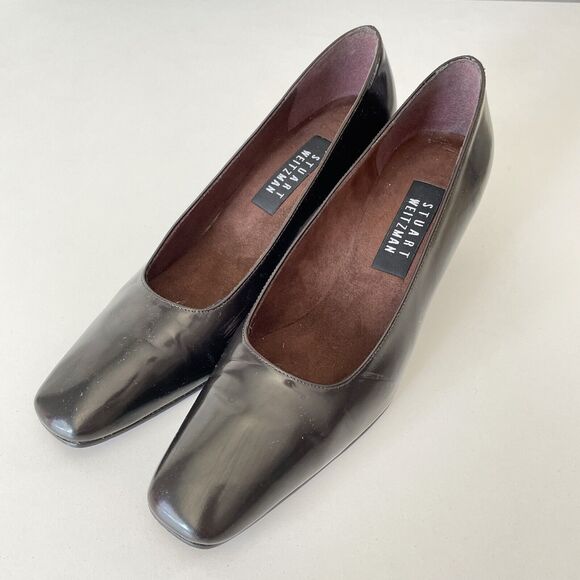 STUART WEITZMAN Black Leather Block Heels 2-3/8” Women’s Size 8 Made In Spain - Picture 1 of 10